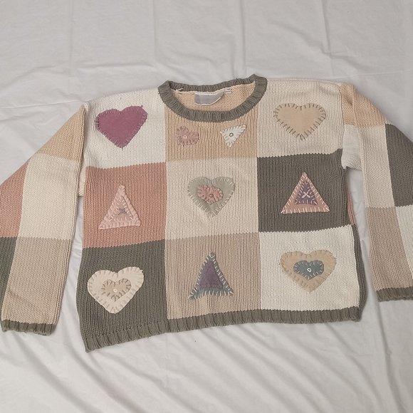 Cozy Patchwork Heart Sweater - Cream, Pink, Tan - Picture 1 of 6
